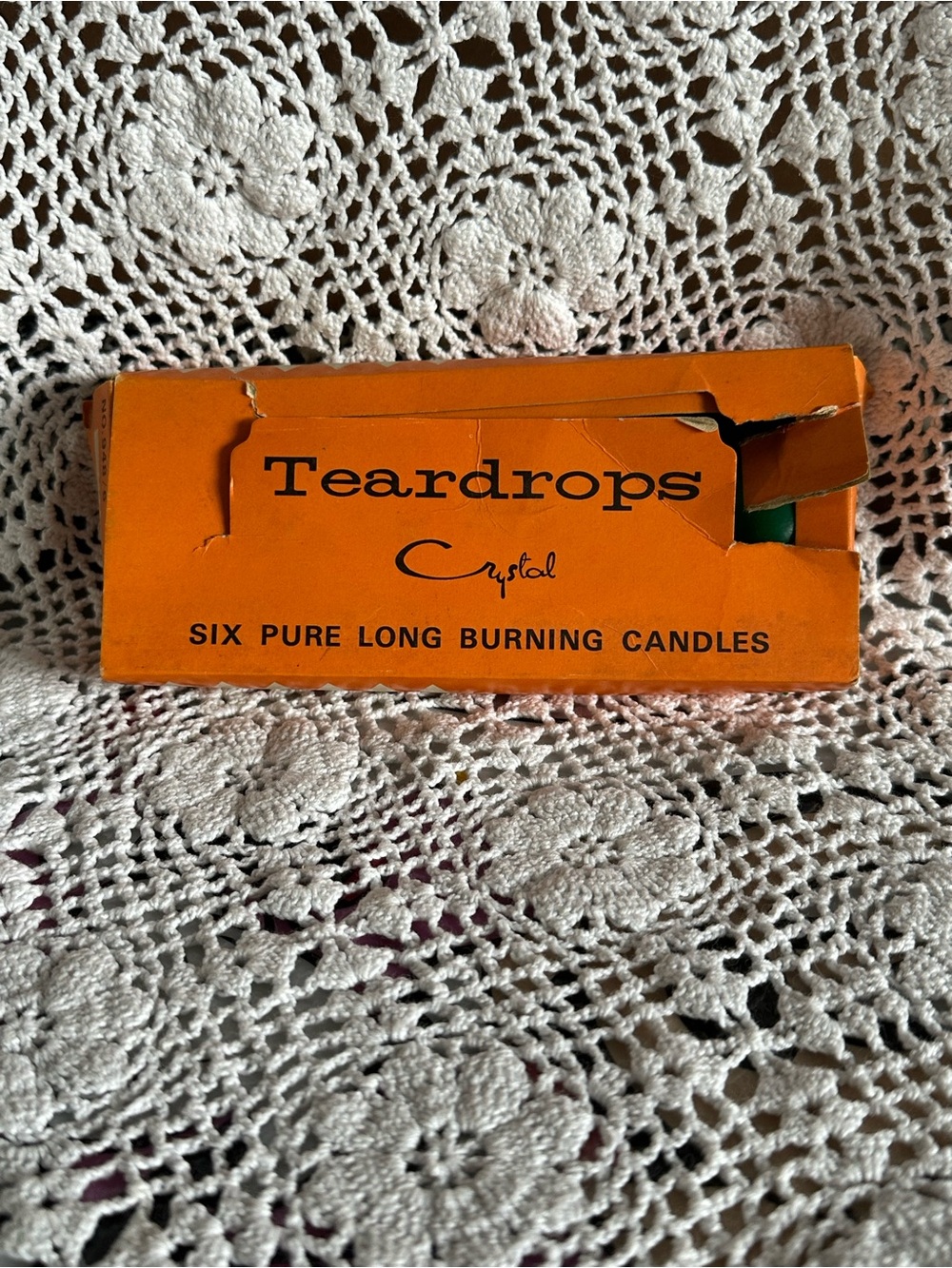 Vintage Teardrops Crystal Candle Box with 6 green bulb candles, MCM Christmas